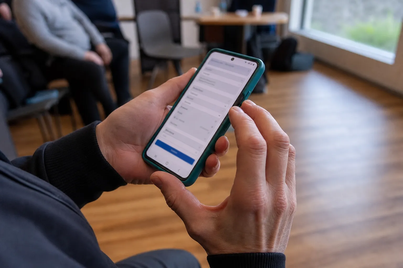 Mains tenant un téléphone ouvert sur un formulaire de recherche administratif, salle d’entraînement floue à l’arrière-plan