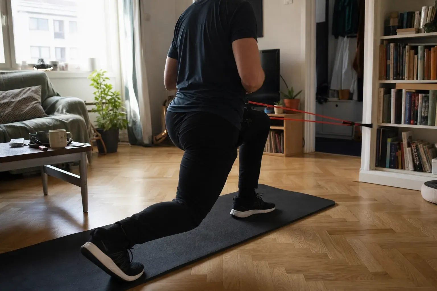 Fente sur un tapis posé au parquet d’un salon ordinaire, élastique fixé au chambranle, canapé et bibliothèque visibles