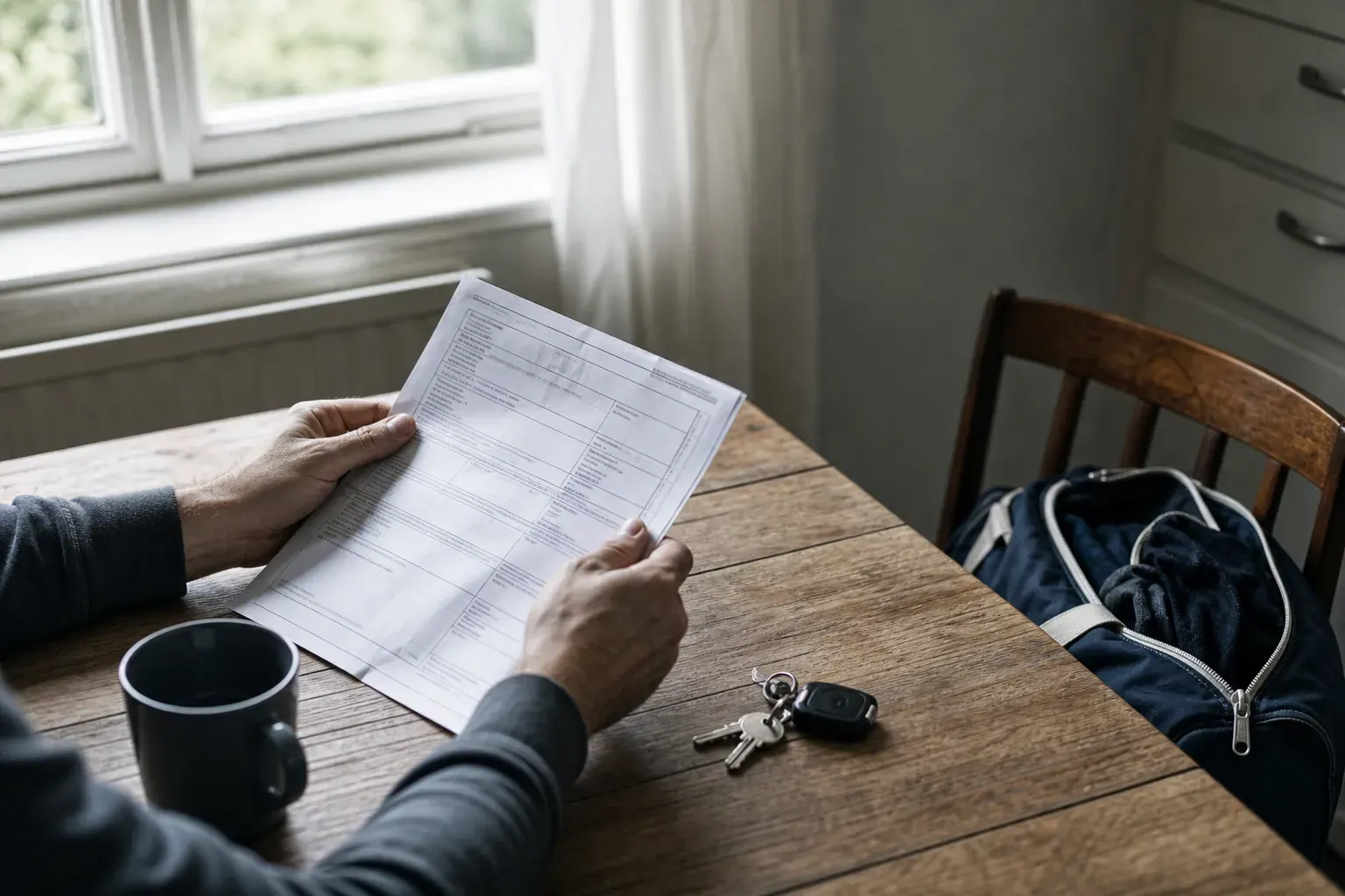 Mains tenant un document administratif imprimé sur une table de cuisine, sac de sport posé sur la chaise