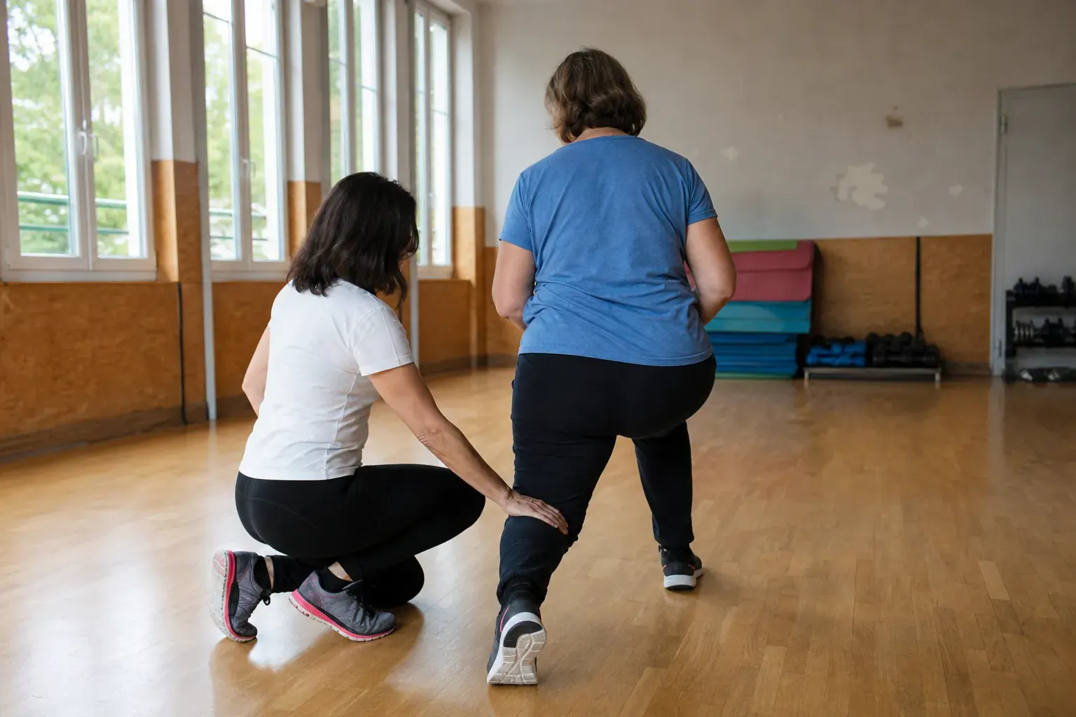 Coach agenouillé corrigeant la position du genou d’un adulte, dans une salle de sport municipale éclairée par de hautes fenêtres